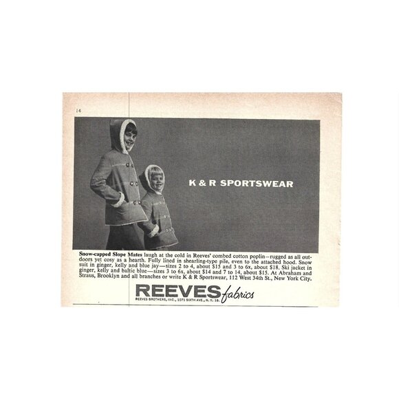 Reeves Fabric Sportwear Children Fashion 1960s Vintage Print Ad 9 inch Tall - Picture 2 of 2